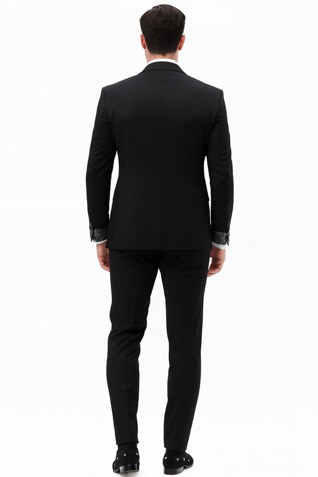 Mens One Button Rhinestone Peak Lapel Vested Prom Black Tuxedo