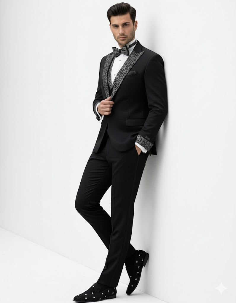 Mens One Button Rhinestone Peak Lapel Vested Prom Black Tuxedo