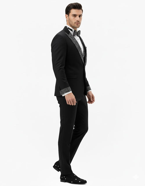 Mens One Button Rhinestone Peak Lapel Vested Prom Black Tuxedo