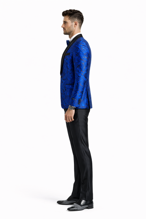Men's One Button Slim Fit Shiny Paisley Royal Blue Prom Tuxedo