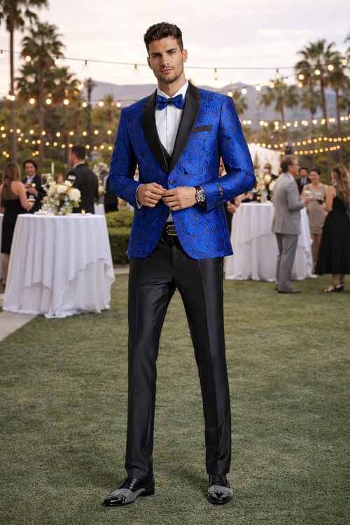 Men's One Button Slim Fit Shiny Paisley Royal Blue Prom Tuxedo