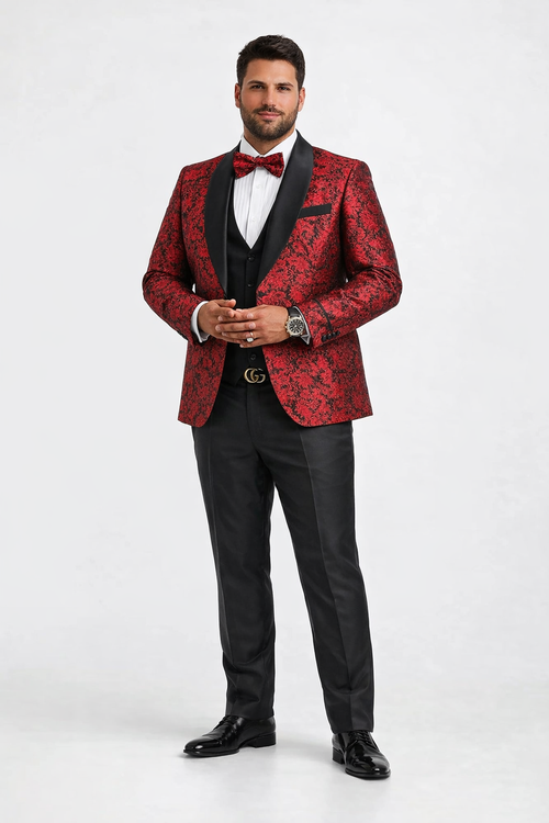 Mens One Button Slim Fit Paisley Floral Vested Prom Tuxedo in Red and Black