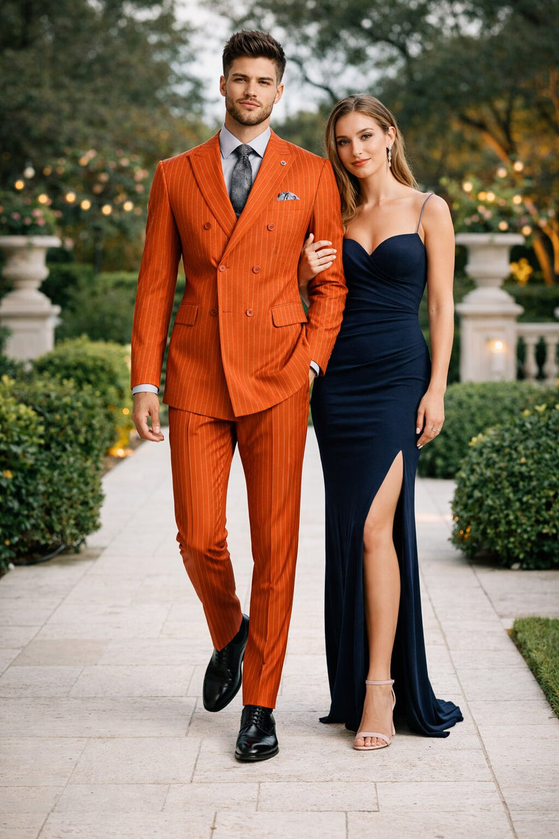 Mens Slim Fit Orange Pinstripe Canyon Clay Double Breasted Suit – Modern Designer Formal Suit