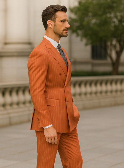 Luxury Men’s Orange Pinstripe Suit – Elegant Formal Outfit