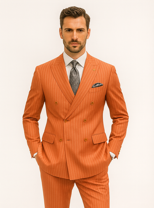 Luxury men's orange pinstripe suit. Double-breasted jacket with golden buttons, matching trousers. Smooth, subtly shiny fabric. White pinstripes, pocket square. Collared shirt, dark tie suggested.