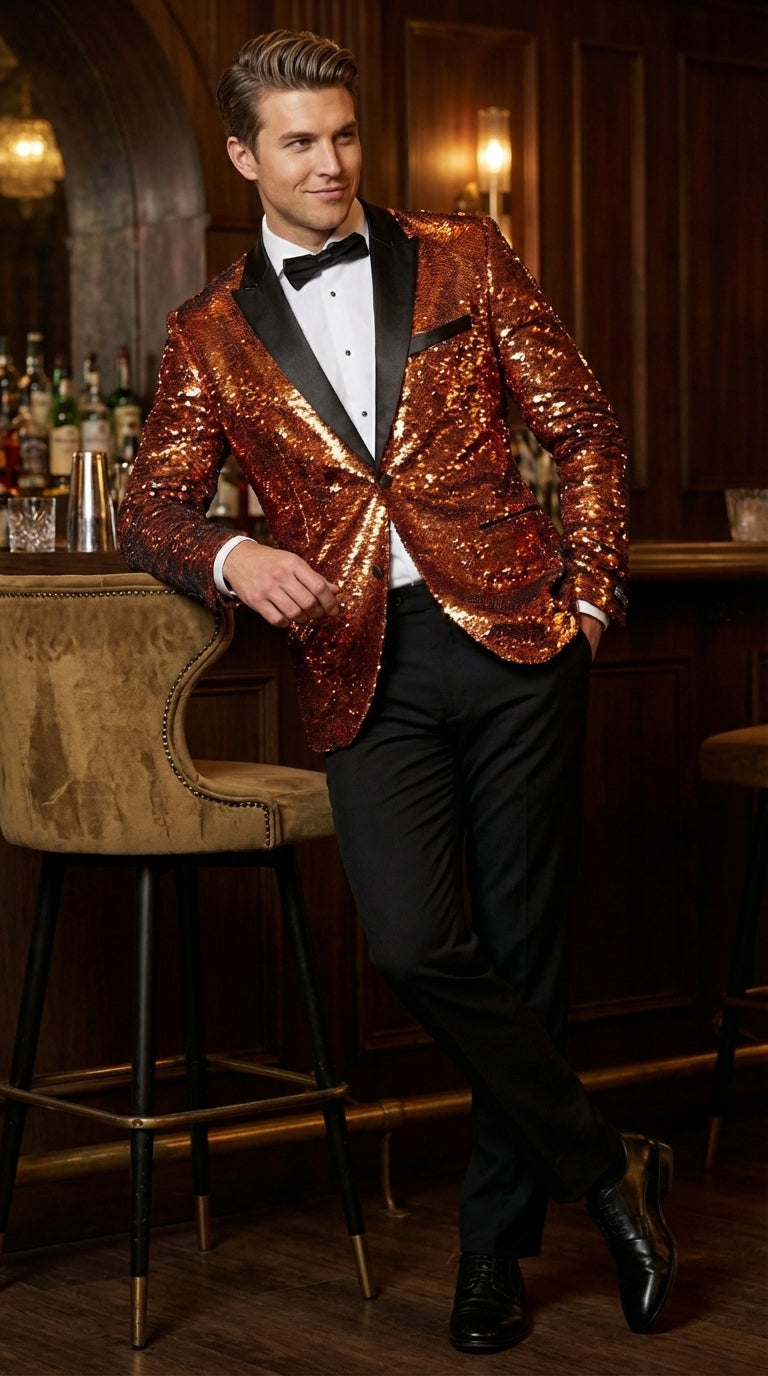 Mens Orange Sequin Blazer Tuxedo Dinner Jacket ā Shiny Party Dinner Jacket with Black Lapel for Wedding, Prom, Stage Kingsman Jacket