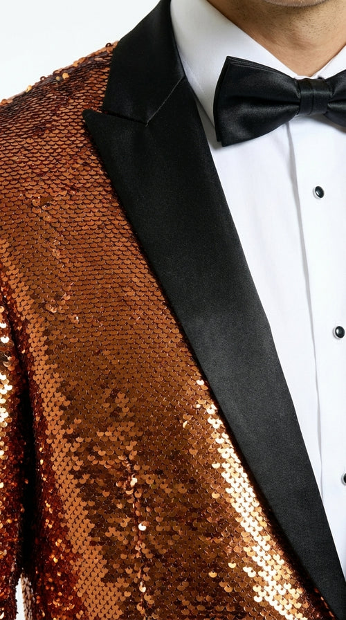 Mens Orange Sequin Blazer Tuxedo Dinner Jacket ā Shiny Party Dinner Jacket with Black Lapel for Wedding, Prom, Stage Kingsman Jacket