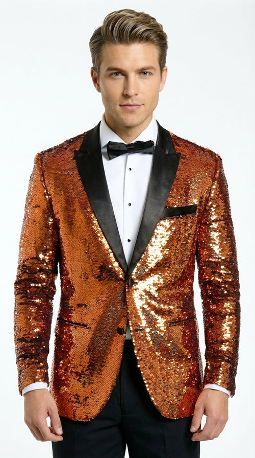 Mens Orange Sequin Blazer Tuxedo Dinner Jacket ā Shiny Party Dinner Jacket with Black Lapel for Wedding, Prom, Stage Kingsman Jacket
