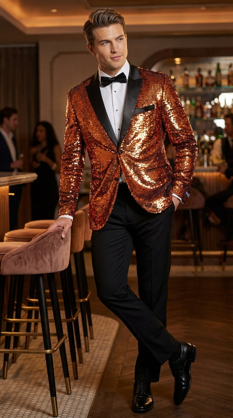 Mens Orange Sequin Blazer Tuxedo Dinner Jacket ā Shiny Party Dinner Jacket with Black Lapel for Wedding, Prom, Stage Kingsman Jacket
