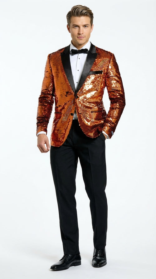 Mens Orange Sequin Blazer Tuxedo Dinner Jacket ā Shiny Party Dinner Jacket with Black Lapel for Wedding, Prom, Stage Kingsman Jacket