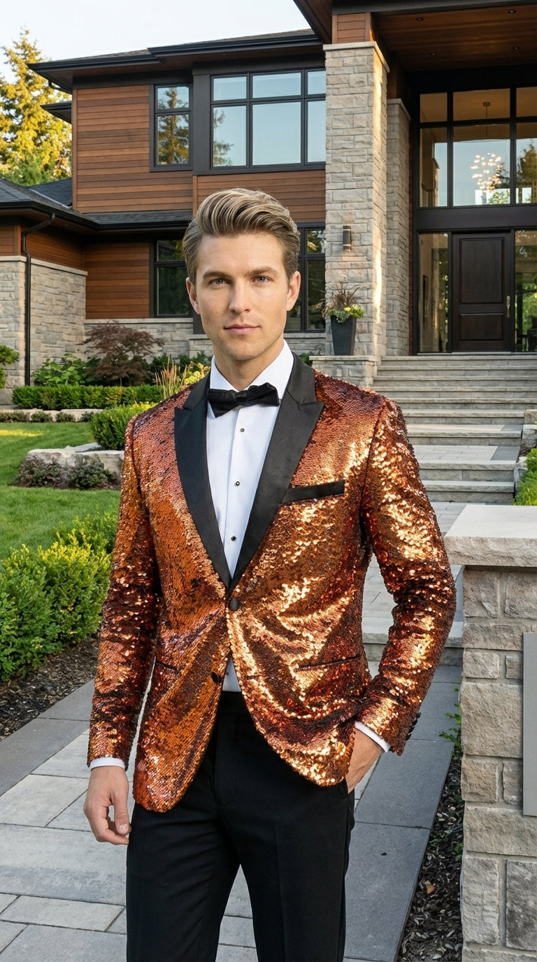 Mens Orange Sequin Blazer Tuxedo Dinner Jacket ā Shiny Party Dinner Jacket with Black Lapel for Wedding, Prom, Stage Kingsman Jacket