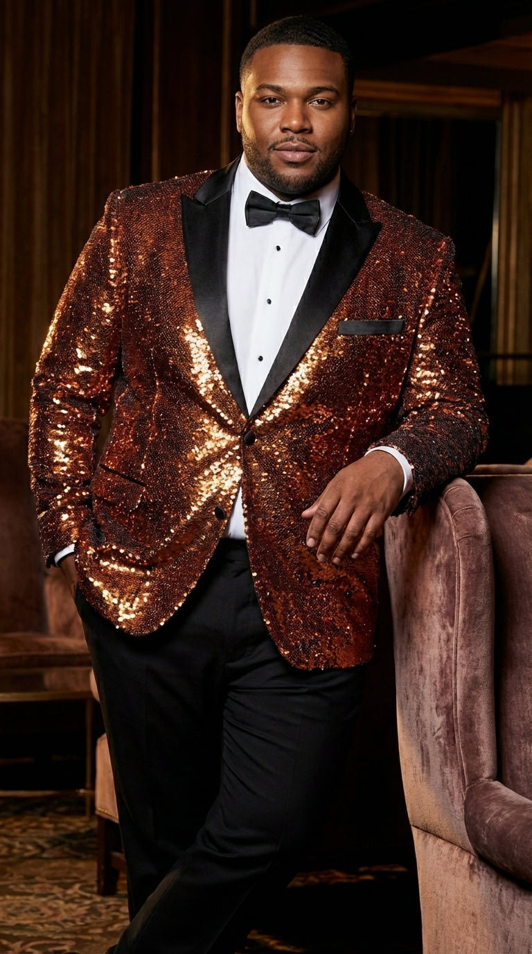 Mens Orange Sequin Blazer Tuxedo Dinner Jacket ā Shiny Party Dinner Jacket with Black Lapel for Wedding, Prom, Stage Kingsman Jacket
