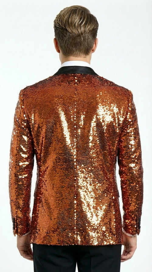 Mens Orange Sequin Blazer Tuxedo Dinner Jacket ā Shiny Party Dinner Jacket with Black Lapel for Wedding, Prom, Stage Kingsman Jacket