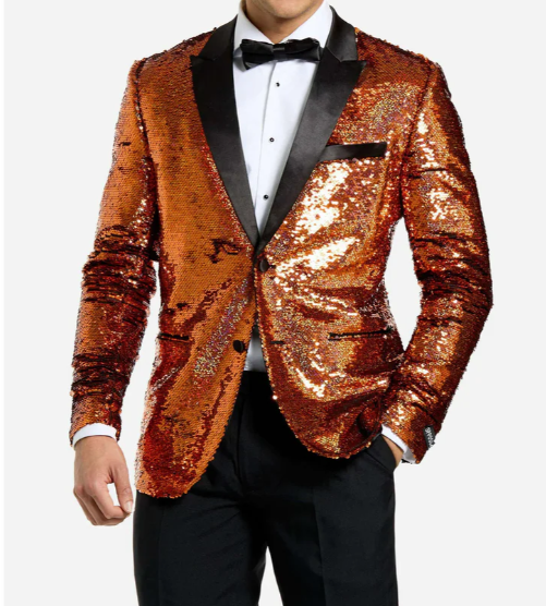 Mens Orange Sequin Blazer Tuxedo Dinner Jacket ā Shiny Party Dinner Jacket with Black Lapel for Wedding, Prom, Stage Kingsman Jacket