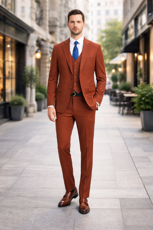 Mens Orangish Rust Brown Three-Piece Suit Slim Fit Jacket, Vest and Tailored Pants in Brick Color
