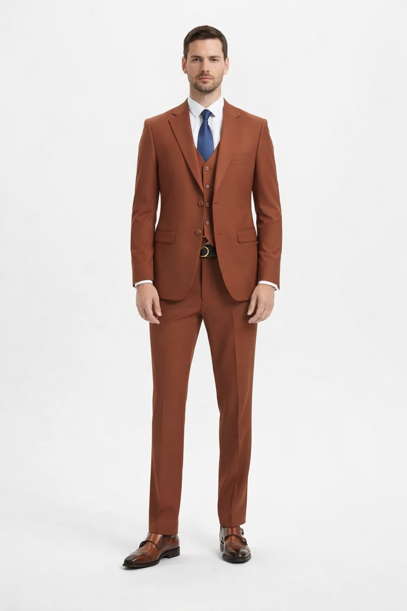 Mens Orangish Rust Brown Three-Piece Suit Slim Fit Jacket, Vest and Tailored Pants in Brick Color
