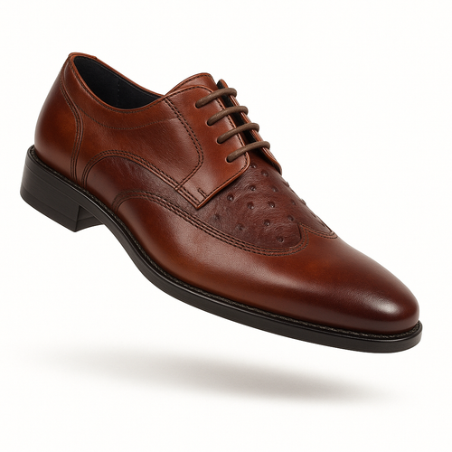 Mens Carrucci Ostrich Embossed Leather Wingtip Dress Shoe in Oxblood