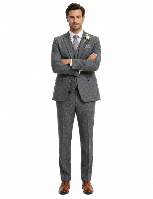 Men’s Peaky Blinder Light Grey Tweed Suit with Vest – Classic Three Piece Formal Suit, Vintage Wedding Business Outfit
