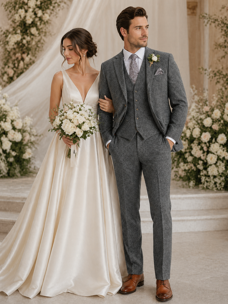 Men’s Peaky Blinder Light Grey Tweed Suit with Vest – Classic Three Piece Formal Suit, Vintage Wedding Business Outfit