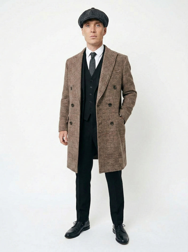 Mens Peaky Blinders Gray Plaid Double Breasted Overcoat + Suit Peaky Blinders Vintage Wool Blend Coat 1920s
