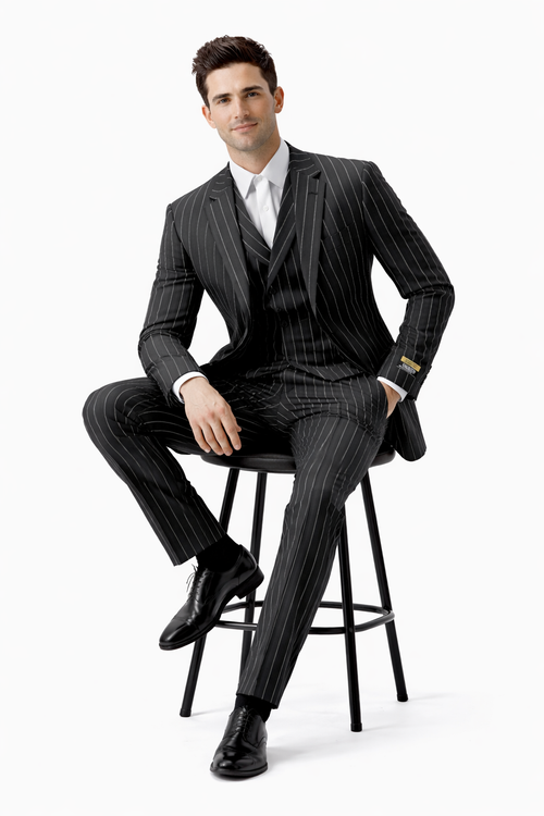 Mens Pimp Suit -Gangster Suit - Mobster Suit - Mafia Suit For Mens Vested Gangster Pinstripe Suit in Black & White