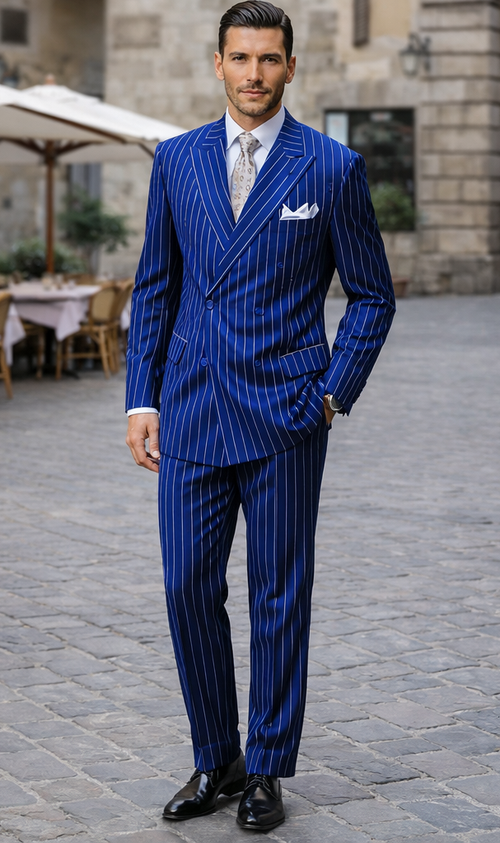 Mens Pimp Suit -Gangster Suit - Mobster Suit - Mafia Suit For Mens Double Breasted Gangster Pinstripe in Royal & White