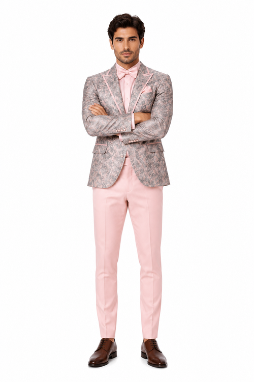 Mens Pink and Grey Floral Tuxedo with Satin Trim – Prom and Wedding Suit with Bow Tie and Flower Pin
