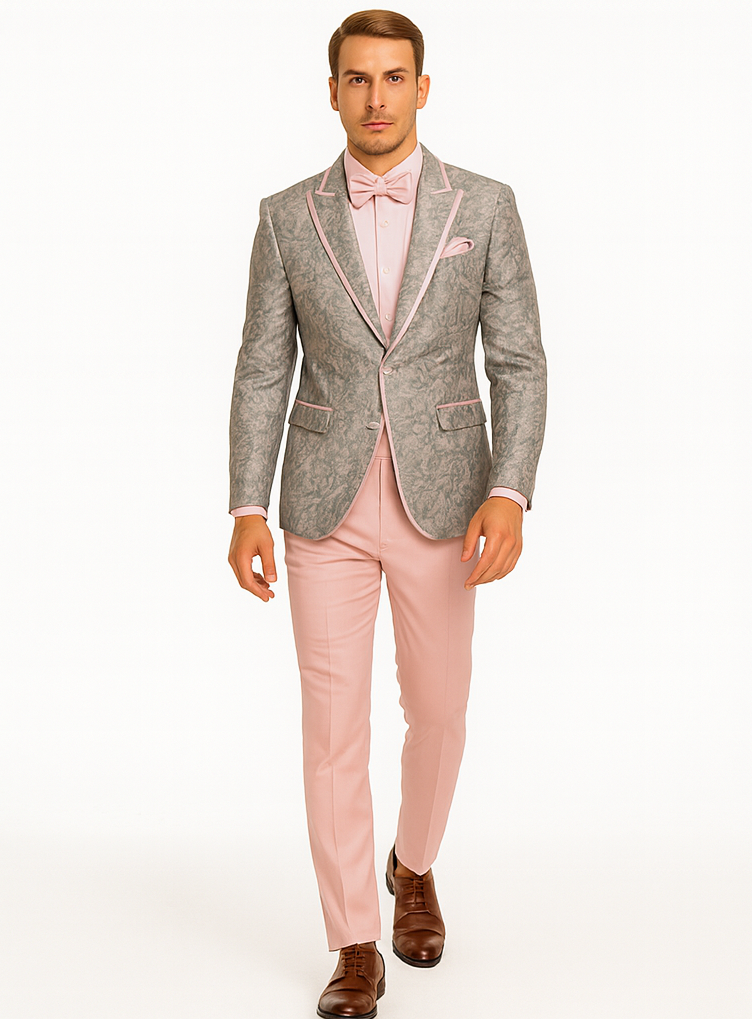 Mens Pink and Grey Floral Tuxedo with Satin Trim – Prom and Wedding Suit with Bow Tie and Flower Pin