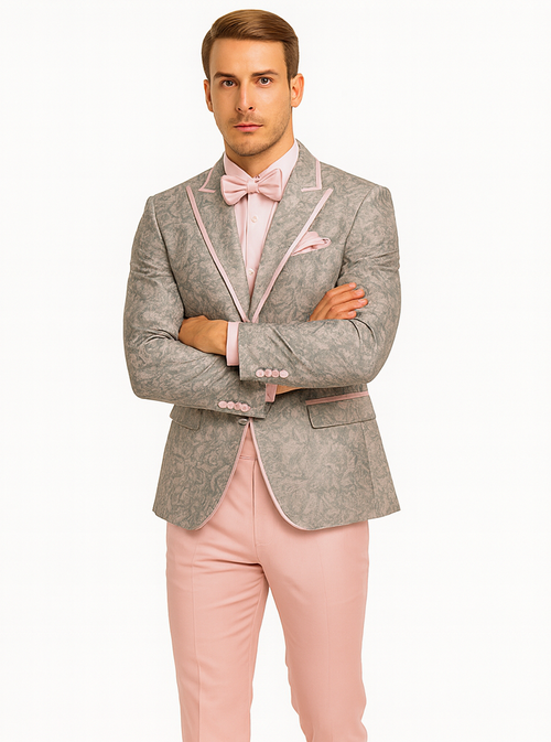 Mens Pink and Grey Floral Tuxedo with Satin Trim – Prom and Wedding Suit with Bow Tie and Flower Pin