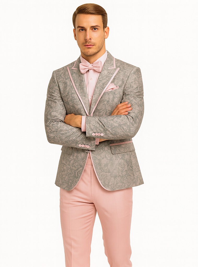 Mens Pink and Grey Floral Tuxedo with Satin Trim – Prom and Wedding Suit with Bow Tie and Flower Pin
