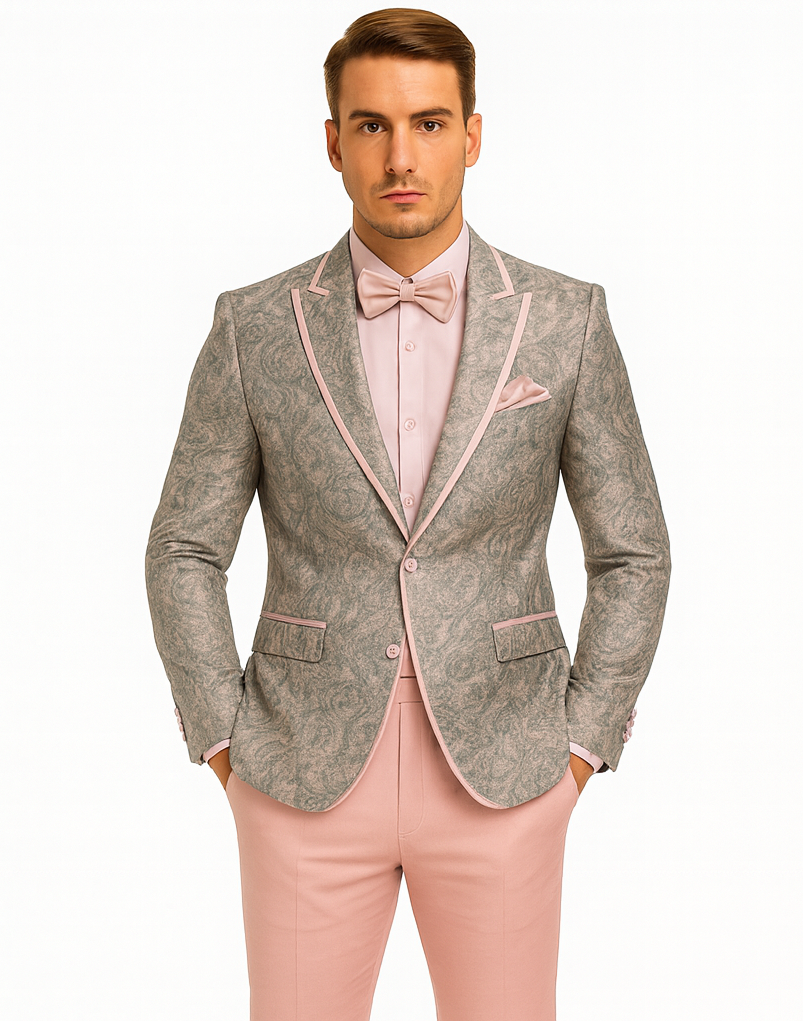 Mens Pink and Grey Floral Tuxedo with Satin Trim – Prom and Wedding Suit with Bow Tie and Flower Pin