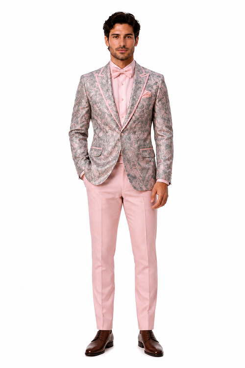 Mens Pink and Grey Floral Tuxedo with Satin Trim – Prom and Wedding Suit with Bow Tie and Flower Pin