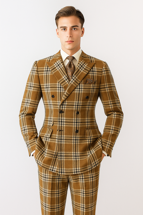 "Men's Double Breasted Wool Suit, Three Quarter Length, Tan & Brown Windowpane Plaid"