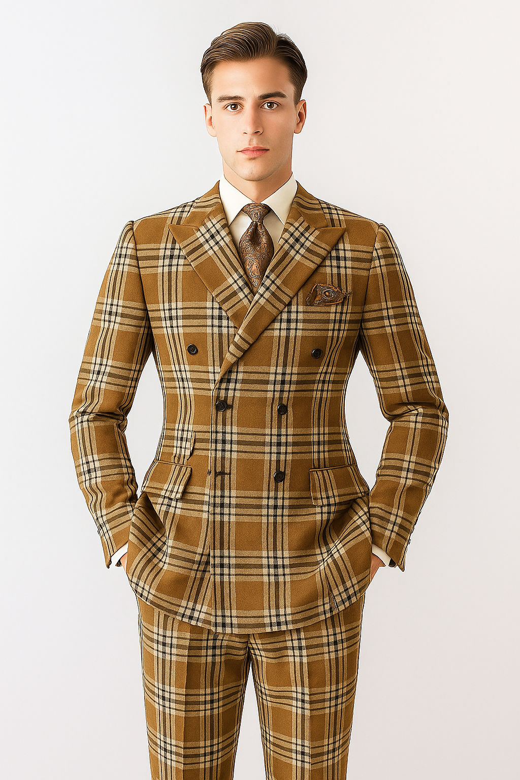 "Men's Double Breasted Wool Suit, Three Quarter Length, Tan & Brown Windowpane Plaid"