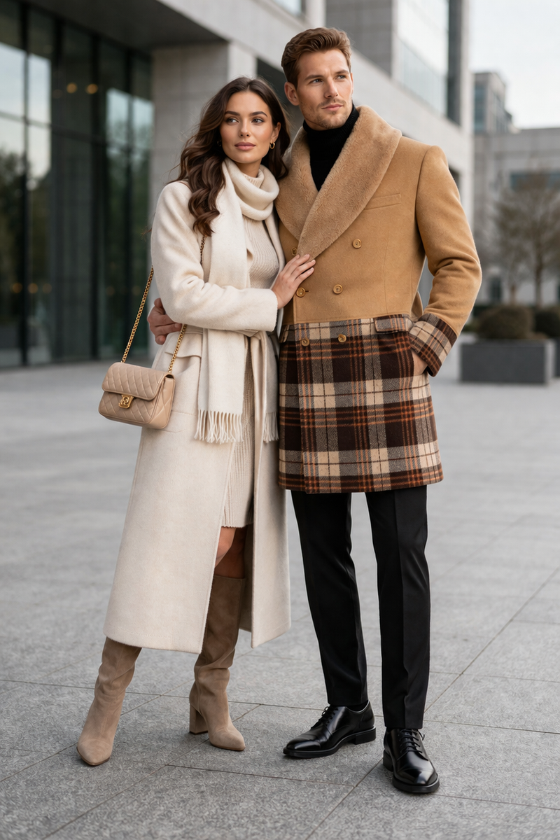 Mens Plaid Overcoat - Houndstooth Checker Pattern Topcoat - Khaki ~ Brown