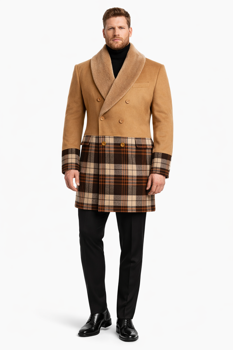 Mens Plaid Overcoat - Houndstooth Checker Pattern Topcoat - Khaki ~ Brown