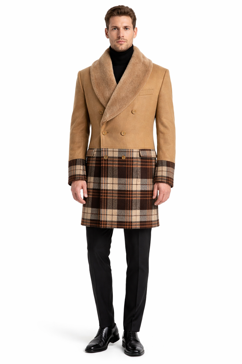 Mens Plaid Overcoat - Houndstooth Checker Pattern Topcoat - Khaki ~ Brown