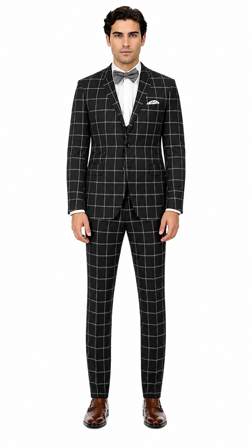 Mens Plaid Suit - Black Windowpane Suit - 1920 Suits