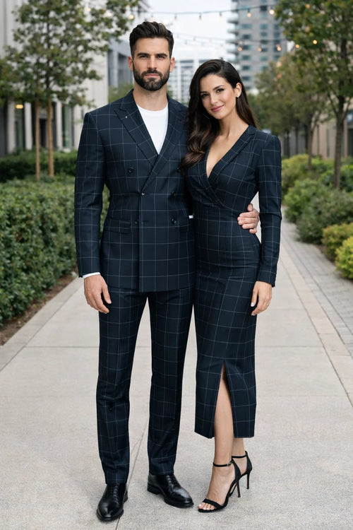 Mens Plaid Suit - Patterned Business Suit -Mens Double Breasted Bold Windowpane Plaid Suit In Black