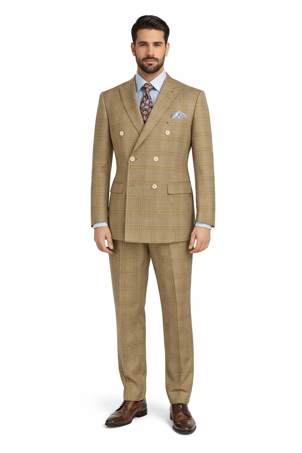Mens Plaid Suit - Patterned Business Suit -Mens Double Breasted Windowpane Plaid Suit In Mocha Light Brown