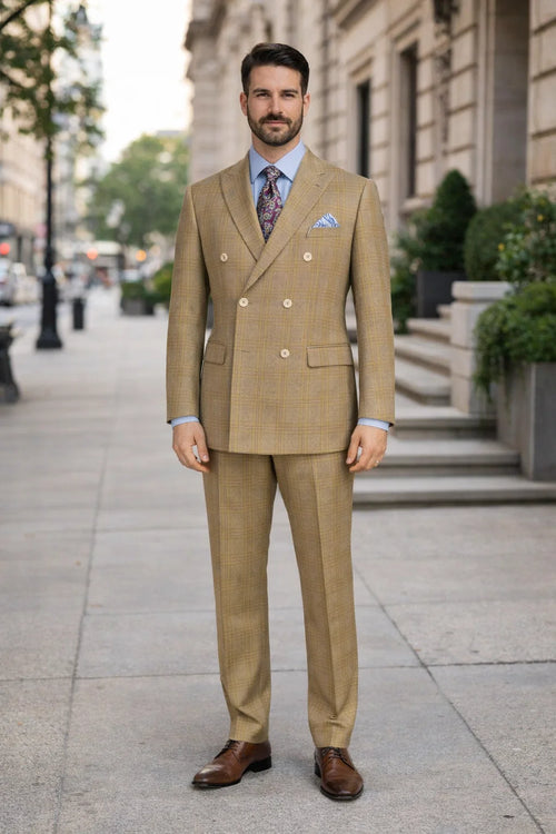 Mens Plaid Suit - Patterned Business Suit -Mens Double Breasted Windowpane Plaid Suit In Mocha Light Brown