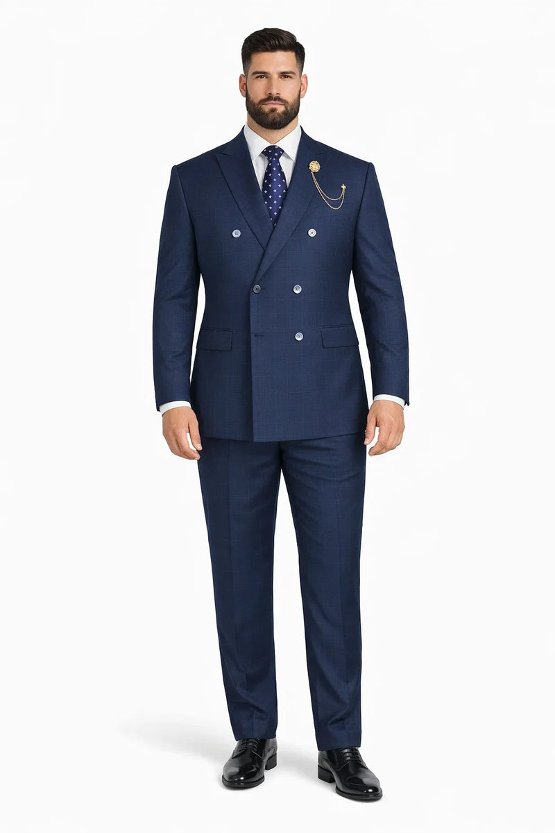 Mens Plaid Suit - Patterned Business Suit -Mens Double Breasted Windowpane Plaid Suit In Navy Blue