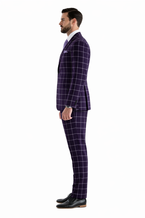 Mens Plaid Suit - Windowpane Pattern With Vest - Business Suit Burgundy