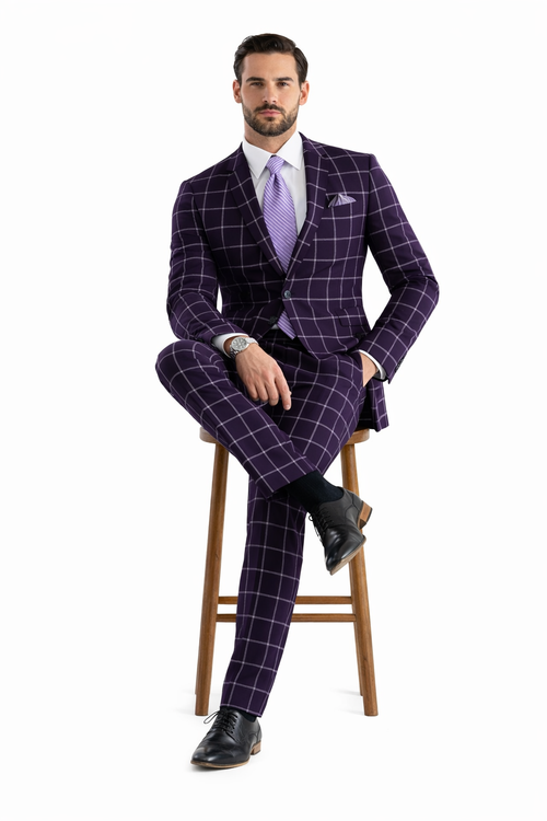 Mens Plaid Suit - Windowpane Pattern With Vest - Business Suit Burgundy