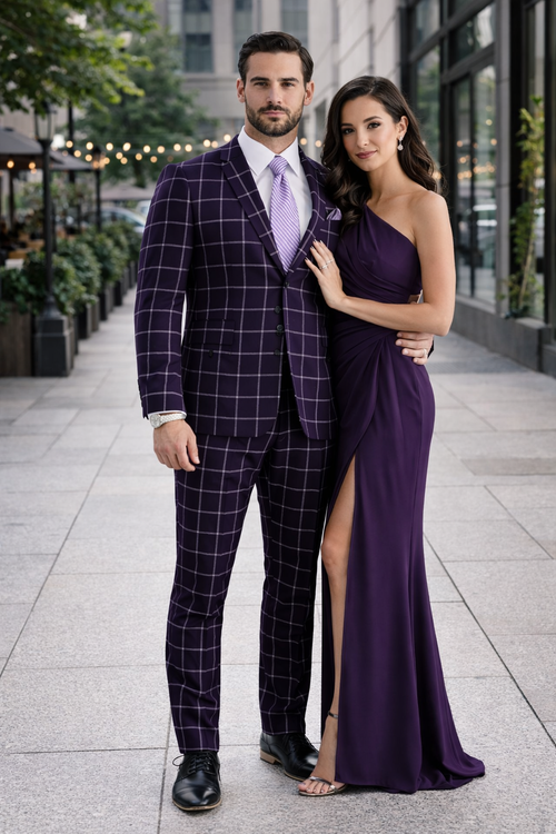 Mens Plaid Suit - Windowpane Pattern With Vest - Business Suit Burgundy