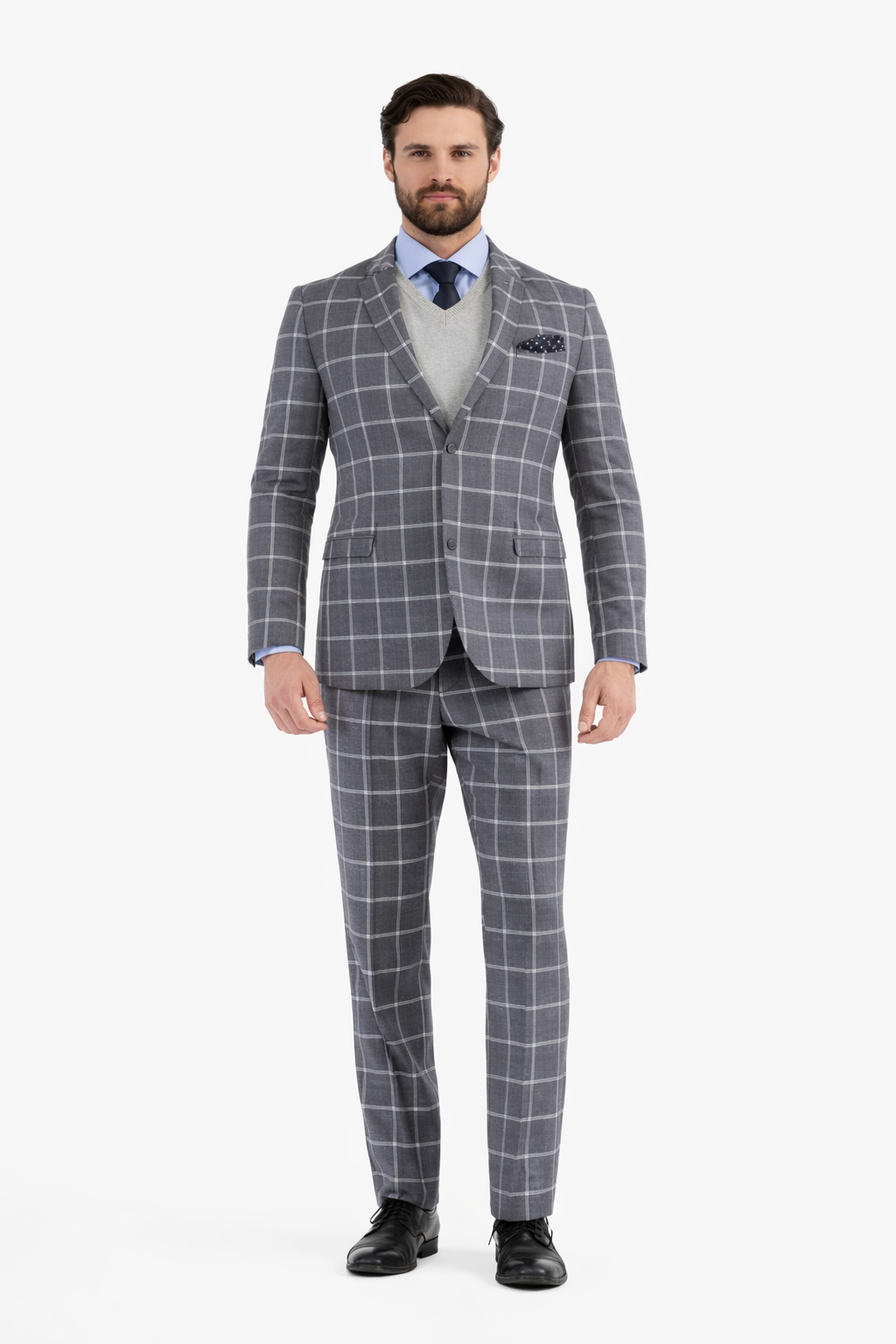 Mens Plaid Suit - Windowpane Pattern With Vest - Business Suit Grey