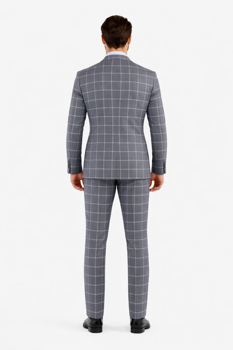 Mens Plaid Suit - Windowpane Pattern With Vest - Business Suit Grey
