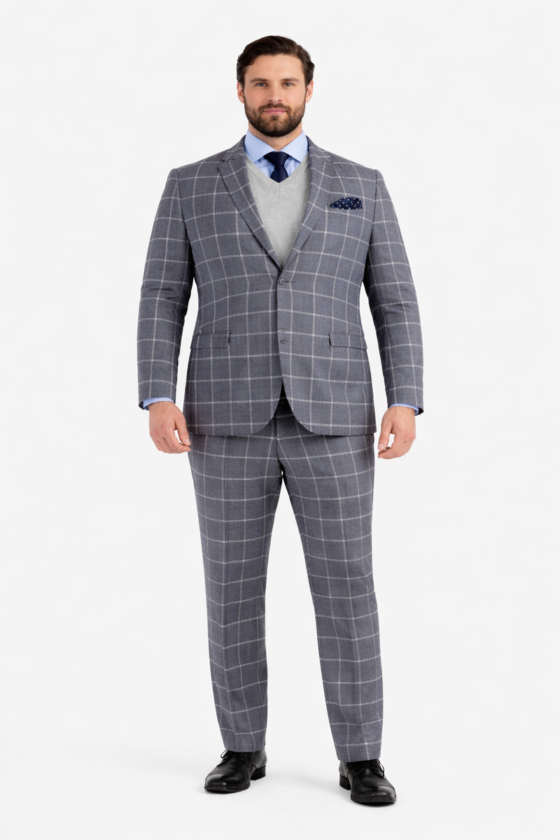 Mens Plaid Suit - Windowpane Pattern With Vest - Business Suit Grey