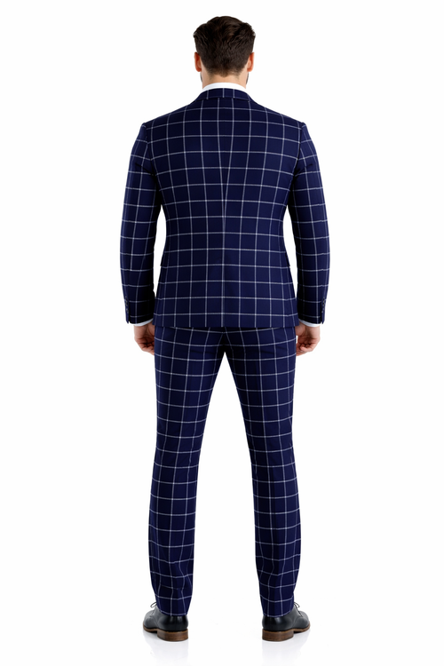 Mens Plaid Suit - Windowpane Pattern With Vest - Business Suit Navy