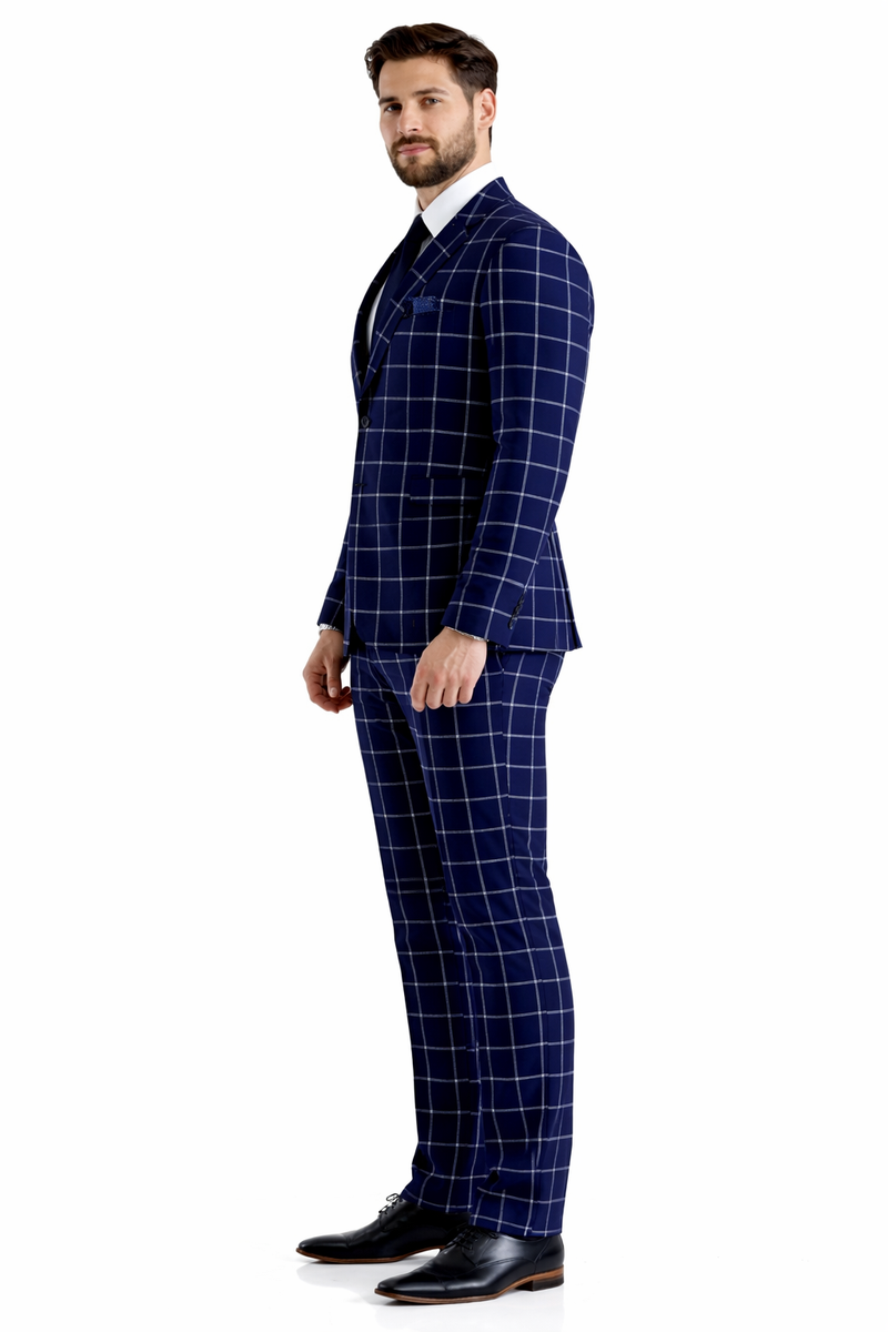 Mens Plaid Suit - Windowpane Pattern With Vest - Business Suit Navy